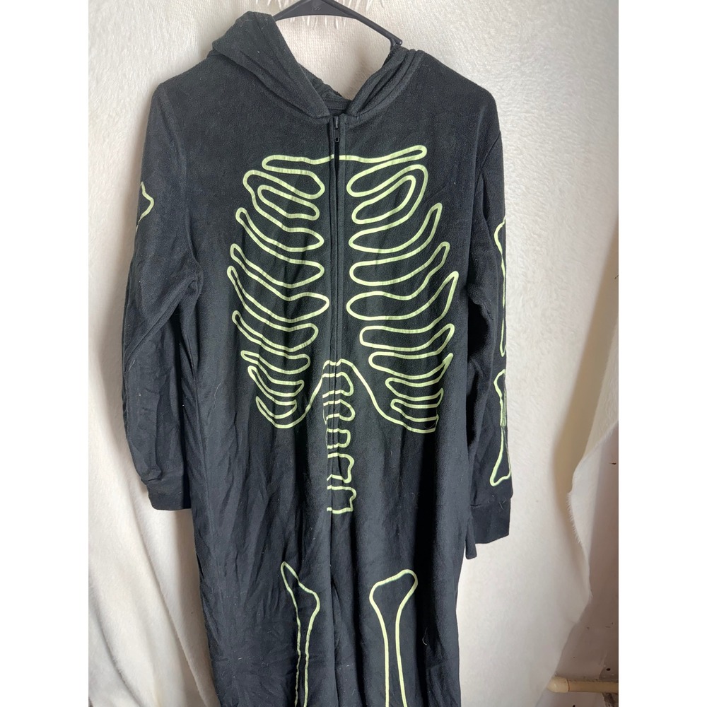 Hyde and EEK Boutique Womens Skeleton Fleece Hooded Jumpsuit Black Green Medium